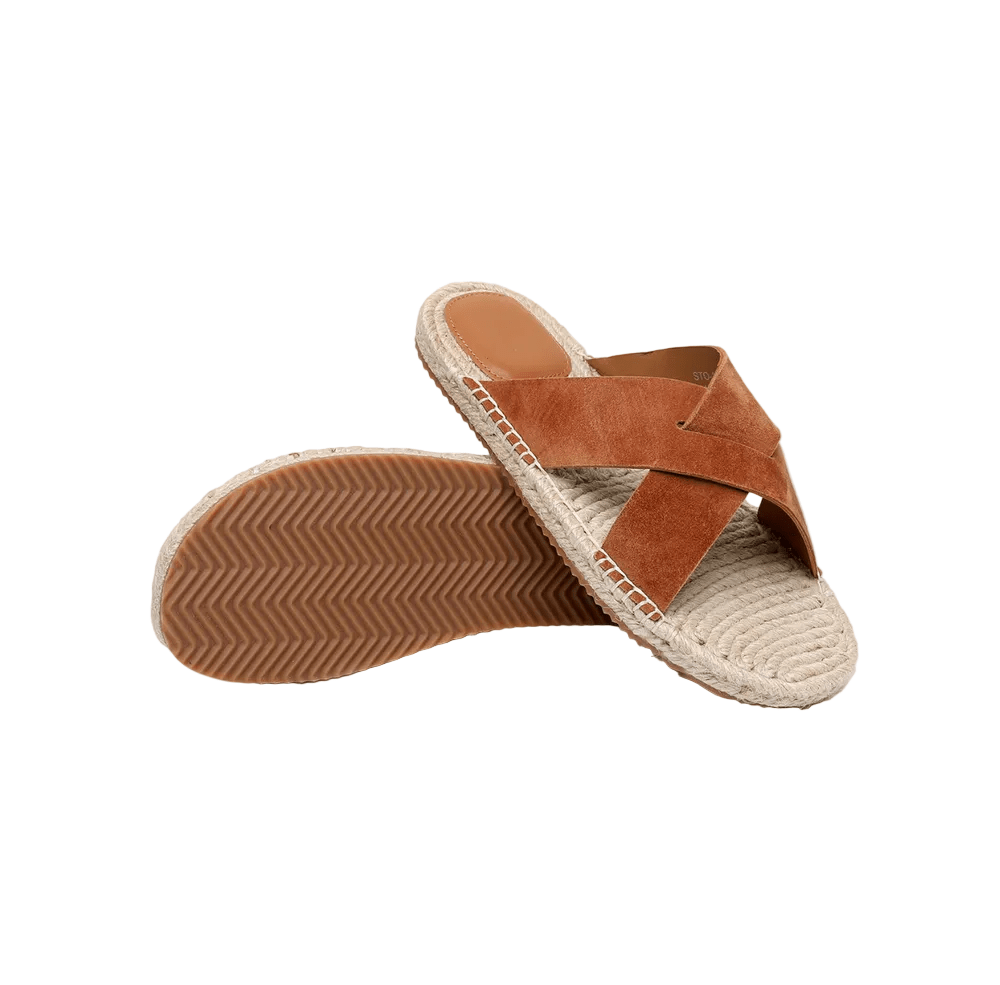 Vibrant orange suede open-toe sandals featuring a lightweight construction and braided jute trim.