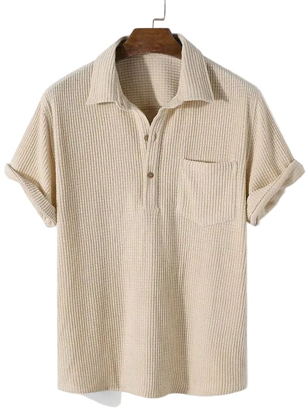 Men's beige short sleeve cotton corduroy shirt featuring a fine vertical rib texture and a comfortable, cool summer fit.