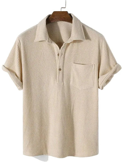 Men's beige short sleeve cotton corduroy shirt featuring a fine vertical rib texture and a comfortable, cool summer fit.