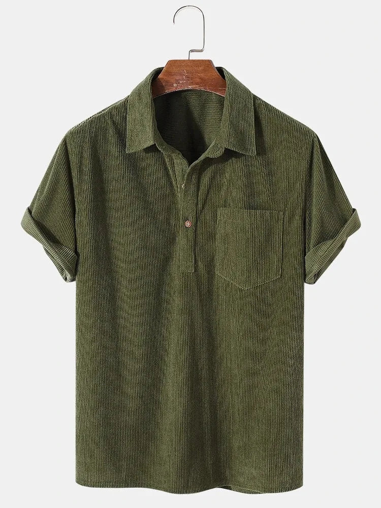 Sage green textured cotton corduroy shirt for men, showcasing a breathable short sleeve design and Old Money aesthetic.