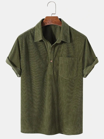 Sage green textured cotton corduroy shirt for men, showcasing a breathable short sleeve design and Old Money aesthetic.