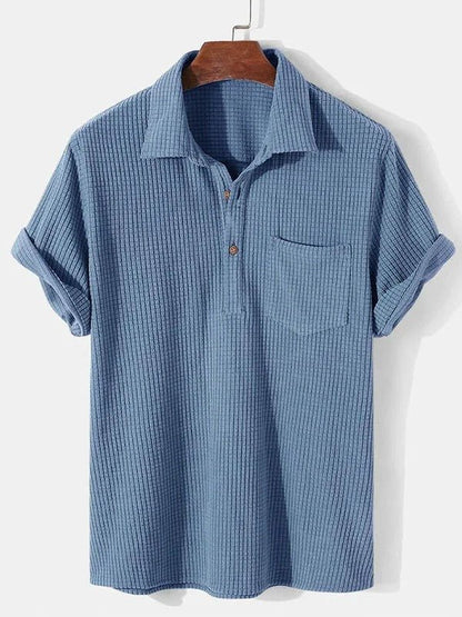 Men's light blue short sleeve corduroy shirt in 100% cotton, featuring a refined textured finish and relaxed Italian style.