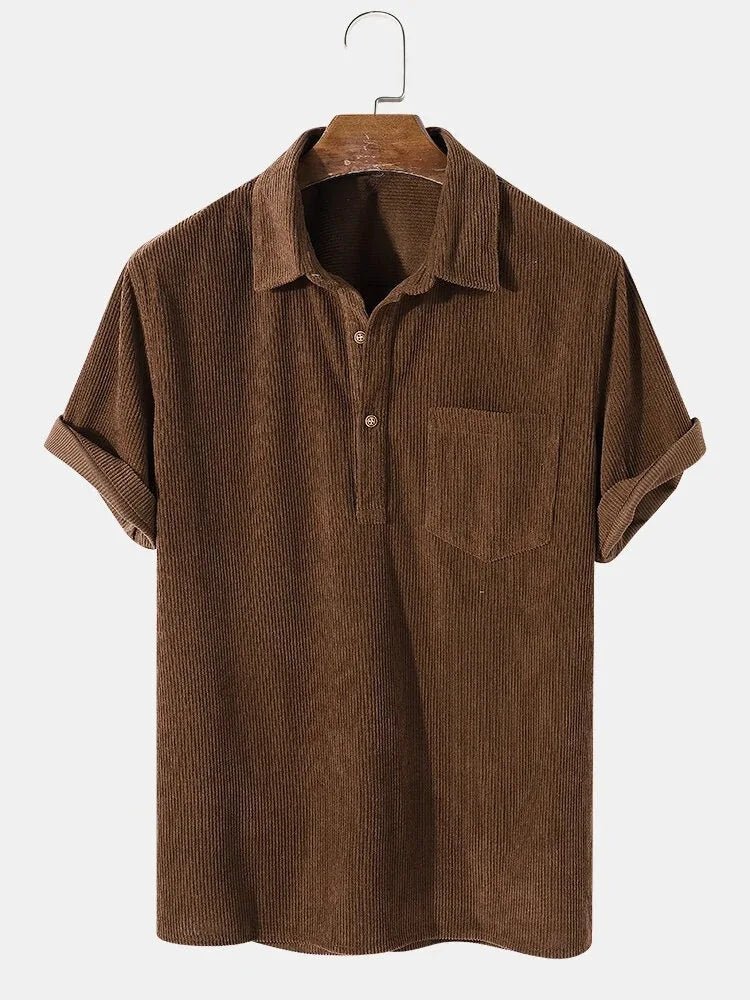 Men's brown short sleeve cotton corduroy shirt featuring a fine vertical rib texture and a comfortable, cool summer fit.