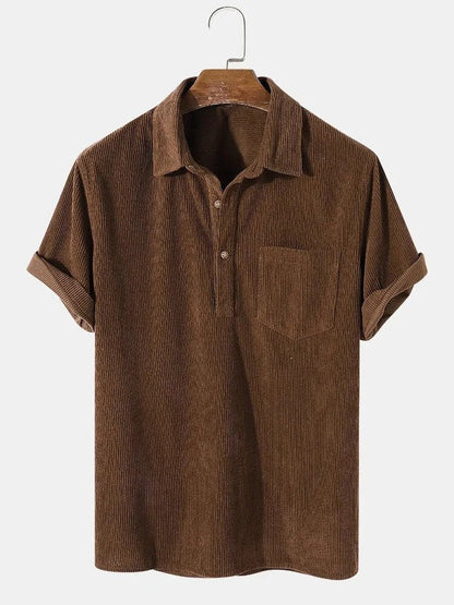 Men's brown short sleeve cotton corduroy shirt featuring a fine vertical rib texture and a comfortable, cool summer fit.