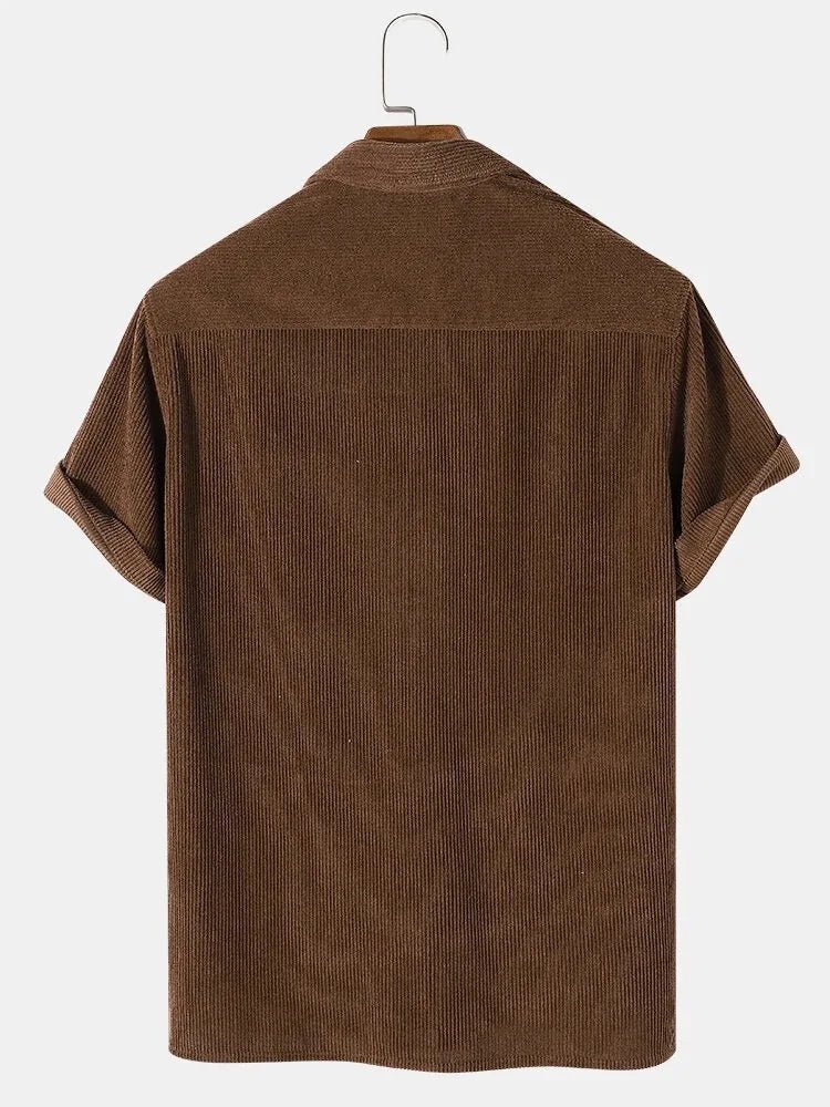 Men's brown short sleeve cotton corduroy shirt featuring a fine vertical rib texture and a comfortable, cool summer fit.