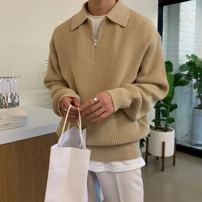 Men's camel-colored oversized zip polo featuring a drop-shoulder design and heavy-gauge textured cotton-poly knit.