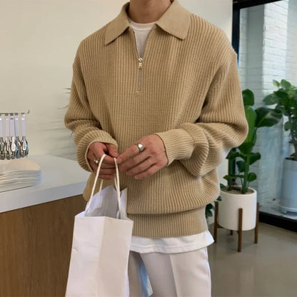 Men's camel-colored oversized zip polo featuring a drop-shoulder design and heavy-gauge textured cotton-poly knit.