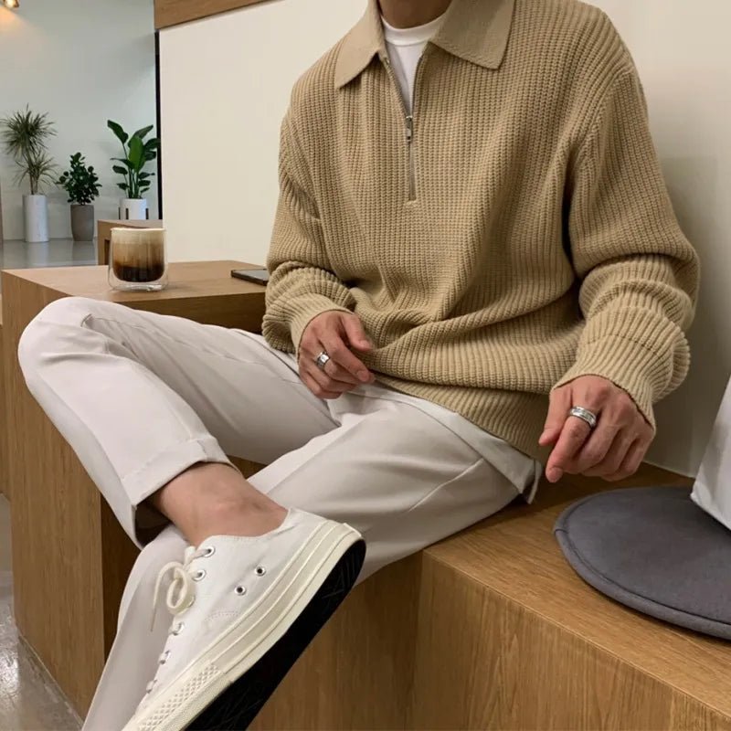 Men's camel-colored oversized zip polo featuring a drop-shoulder design and heavy-gauge textured cotton-poly knit.
