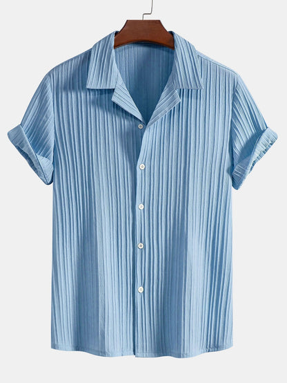 Blue striped shirt on a hanger against a white background