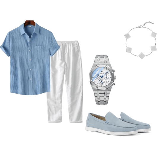 Collection of men's clothing and accessories including a blue shirt, white pants, loafer shoes, watch, and bracelet on a white background.