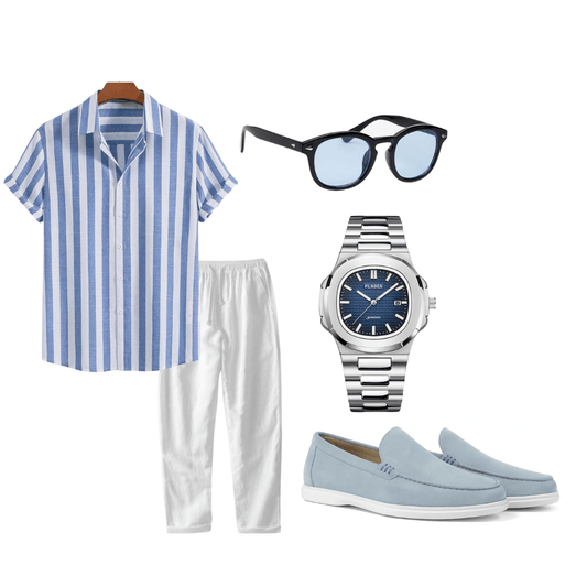 Collection of men's fashion items including a striped shirt, pants, sunglasses, watch, and loafers on a white background.