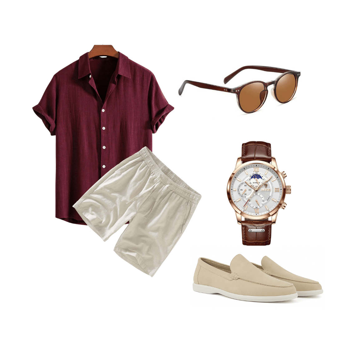 Collage of men's clothing and accessories including a shirt, shorts, loafers, sunglasses, and watch on a white background.