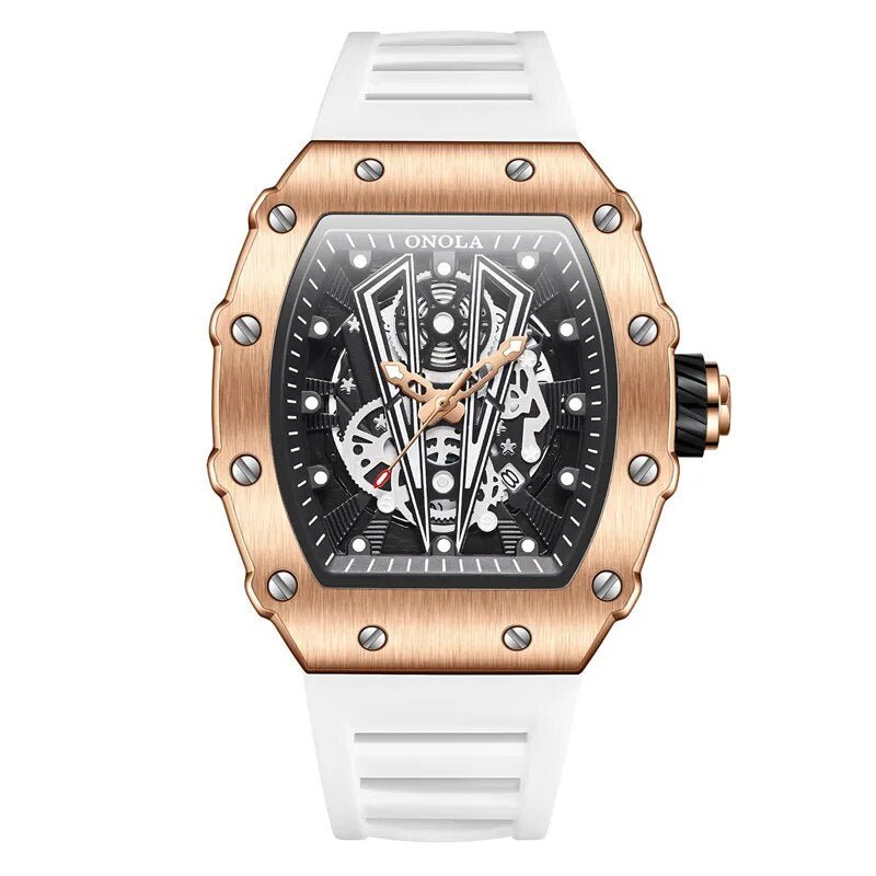 Watch with rose gold case and white strap on a white background