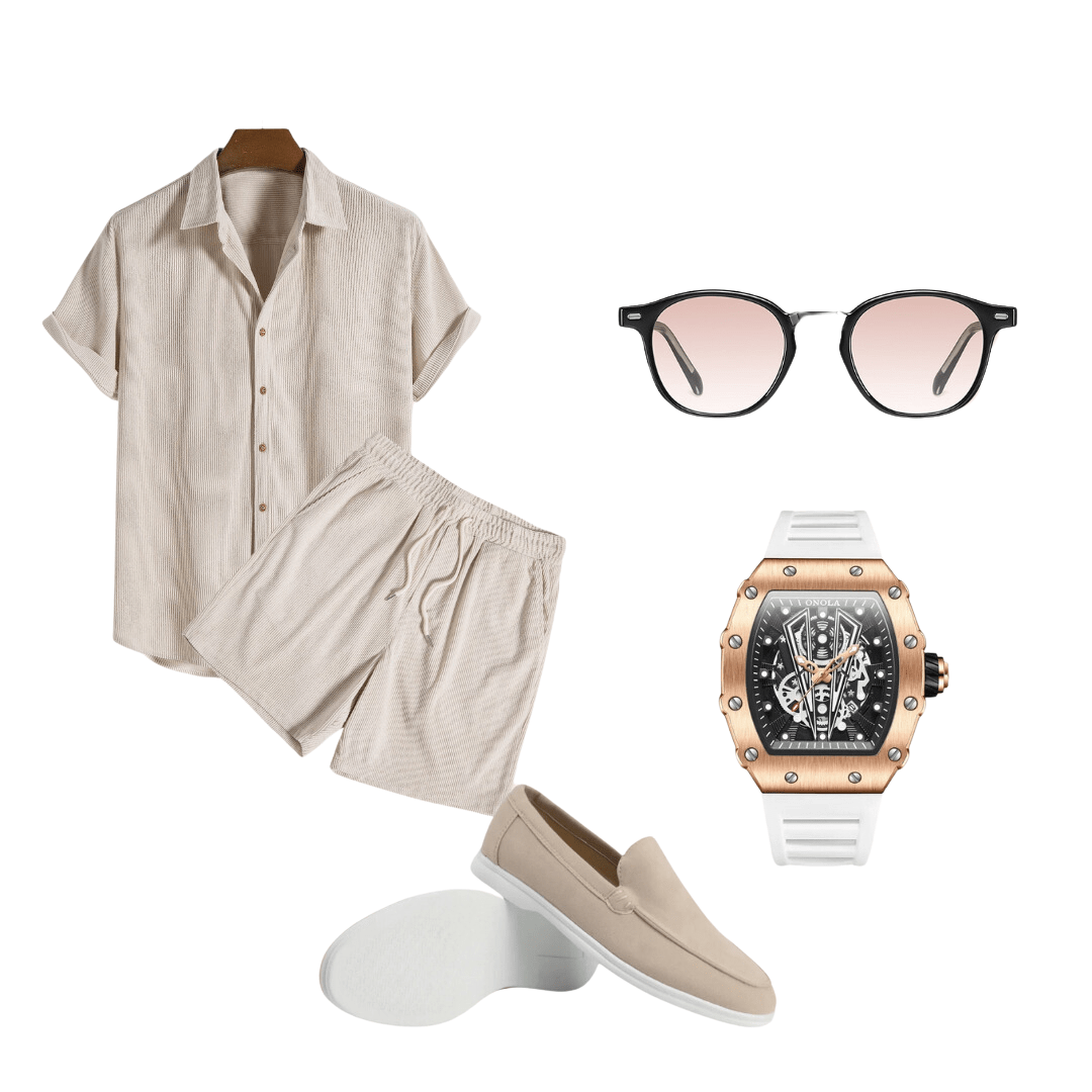 Beige outfit with sunglasses, watch, and loafers on a white background
