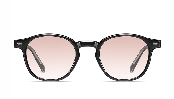 Black-framed sunglasses with pink-tinted lenses on a white background