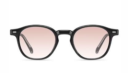 Black-framed sunglasses with pink-tinted lenses on a white background