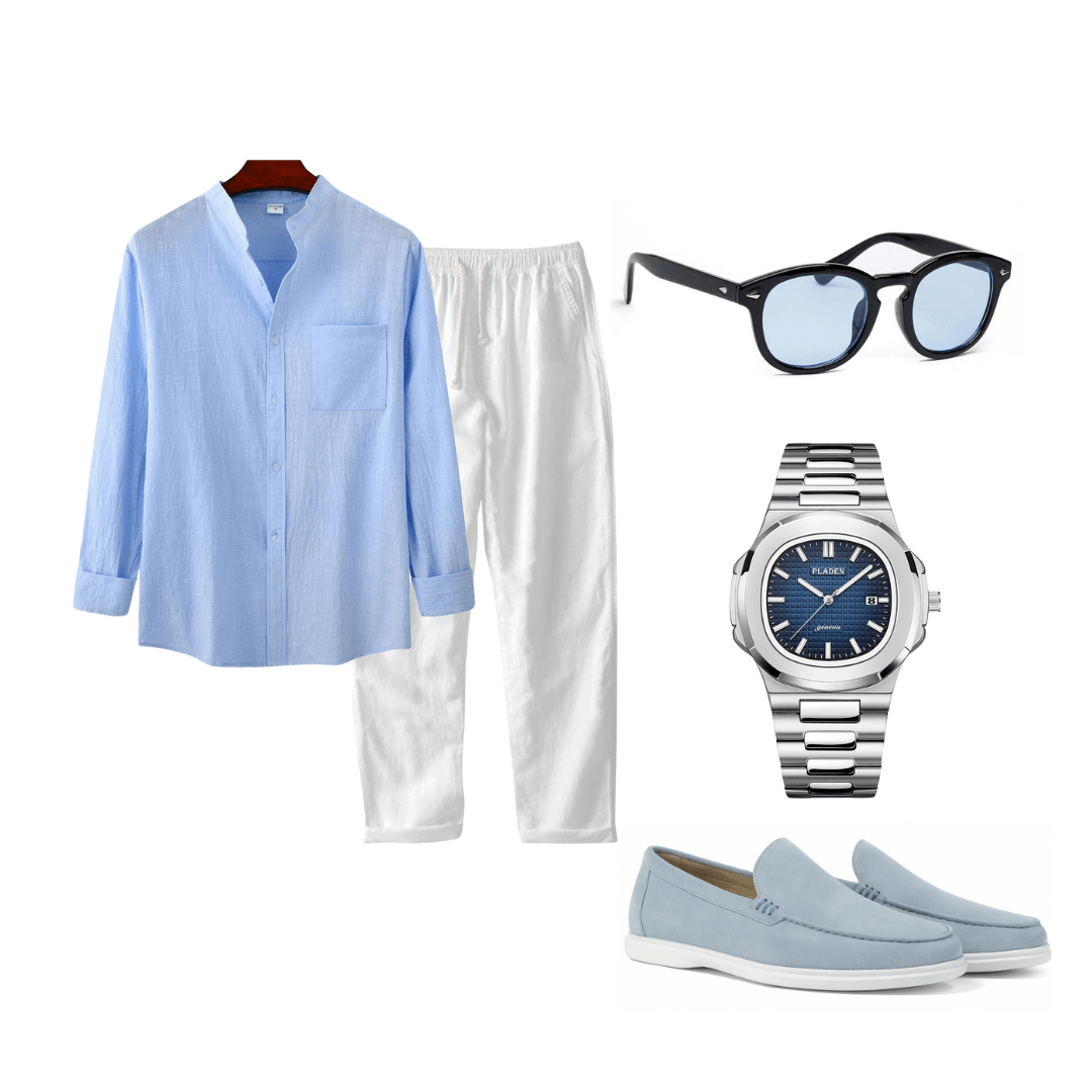 Men's fashion set with blue shirt, white pants, sunglasses, watch, and loafers on a white background.