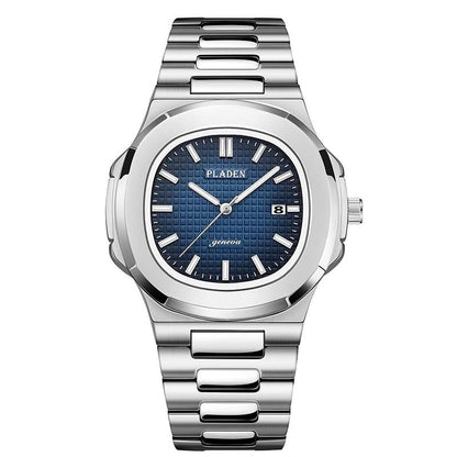 Silver watch with blue dial on a white background