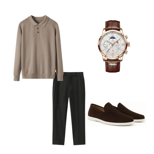 Collection of men's clothing and accessories including a polo shirt, pants, watch, and loafers on a white background.