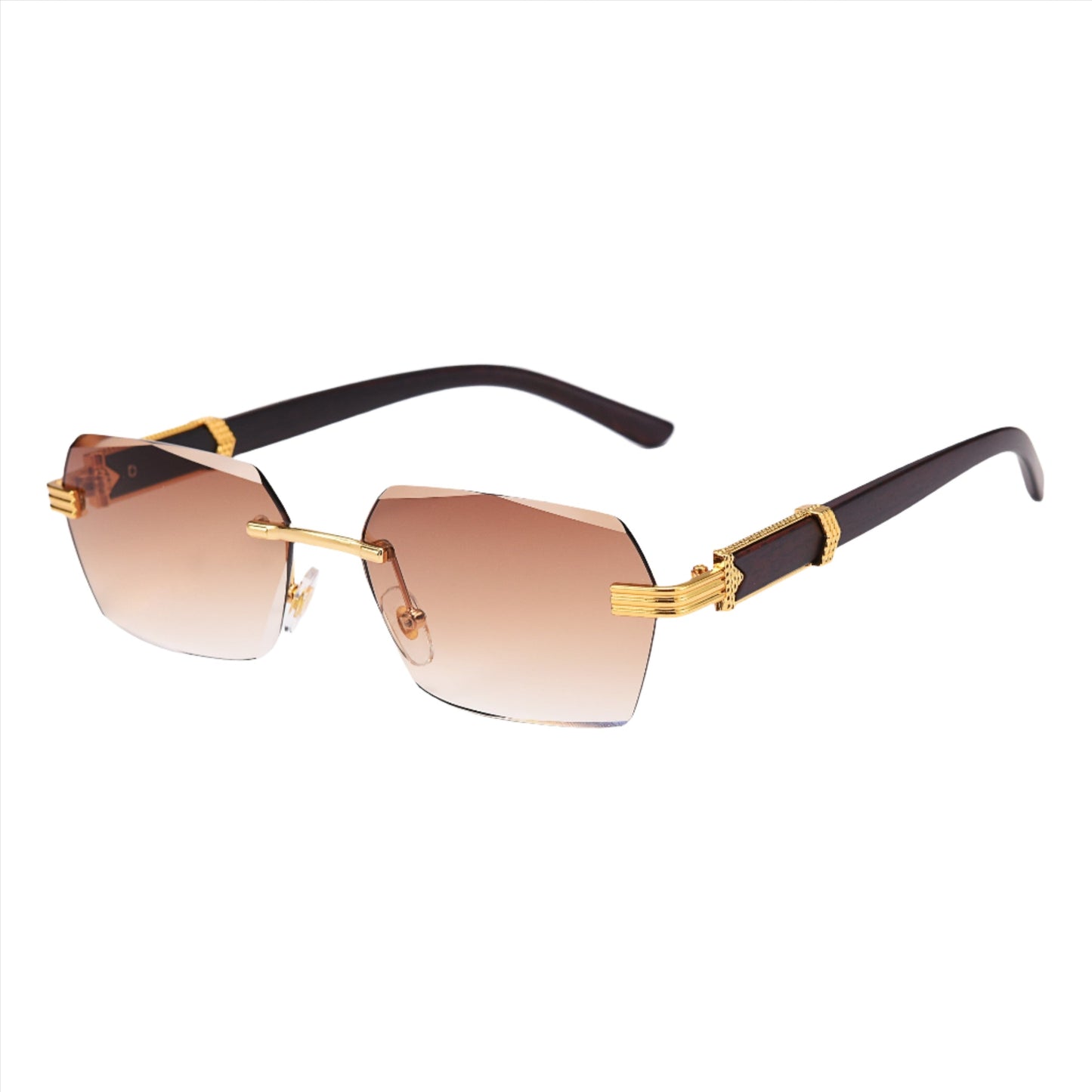 Sunglasses with gold frame and brown gradient lenses on a white background