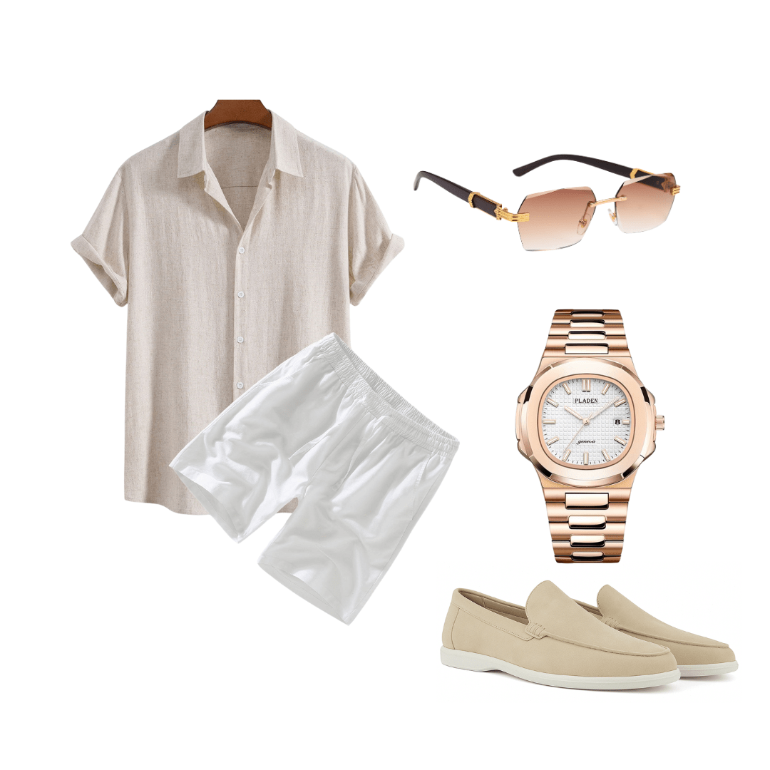 Collage of clothing and accessories including a shirt, shorts, sunglasses, watch, and loafers on a white background.