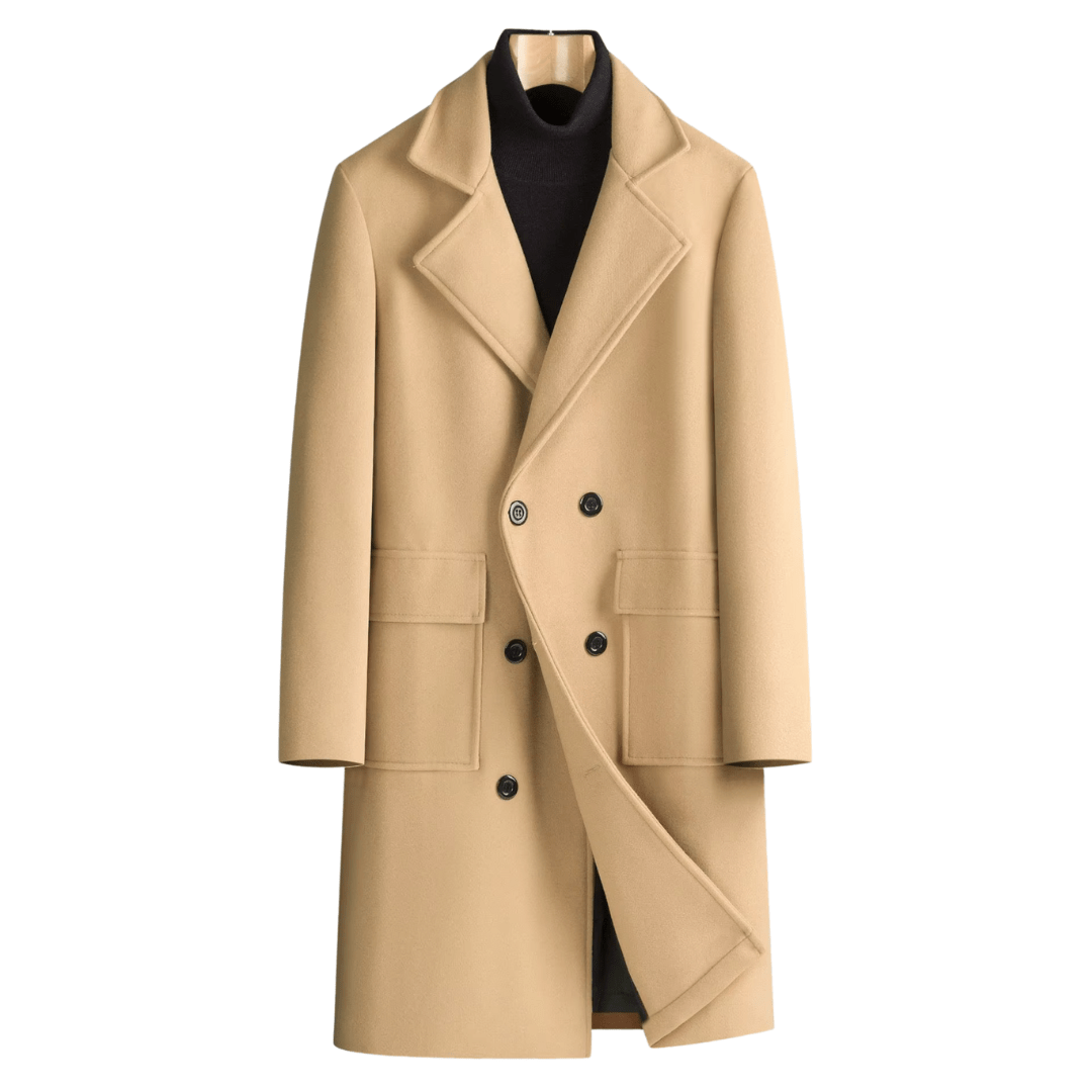 Beige overcoat with black buttons on a white background