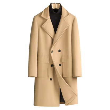 Beige overcoat with black buttons on a white background