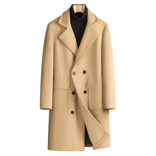 Beige overcoat with black buttons on a white background