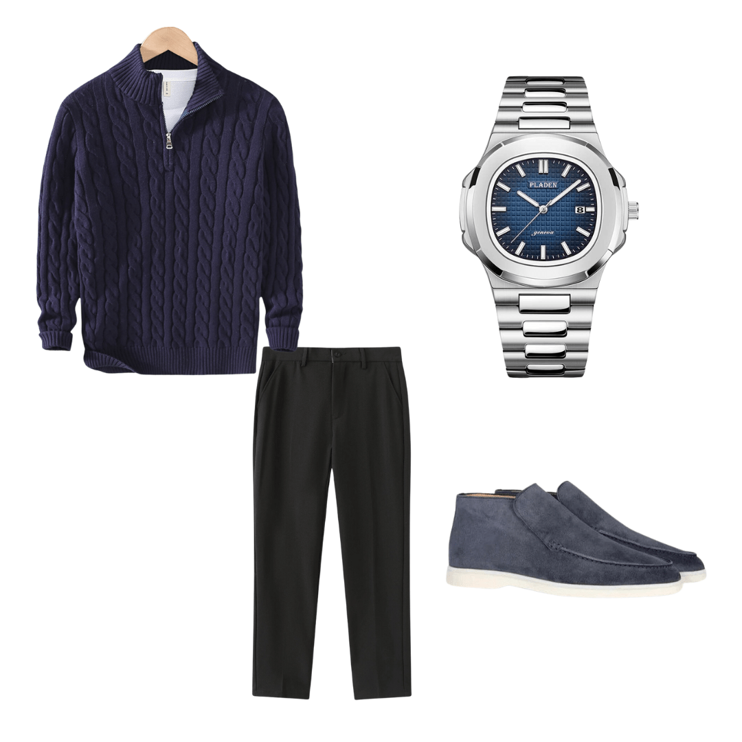 Men's fashion items including a sweater, pants, watch, and shoes on a white background.