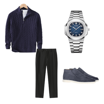 Men's fashion items including a sweater, pants, watch, and shoes on a white background.