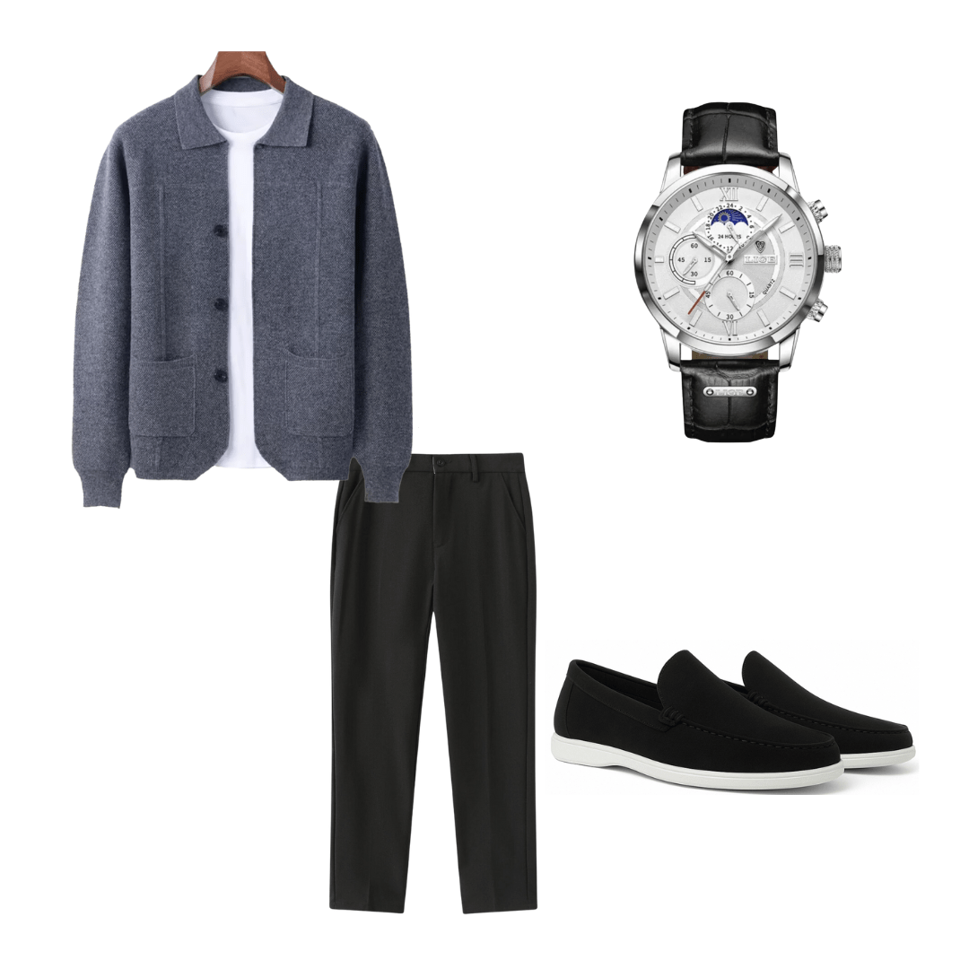 Gray cardigan, black pants, black shoes, and a watch on a white background