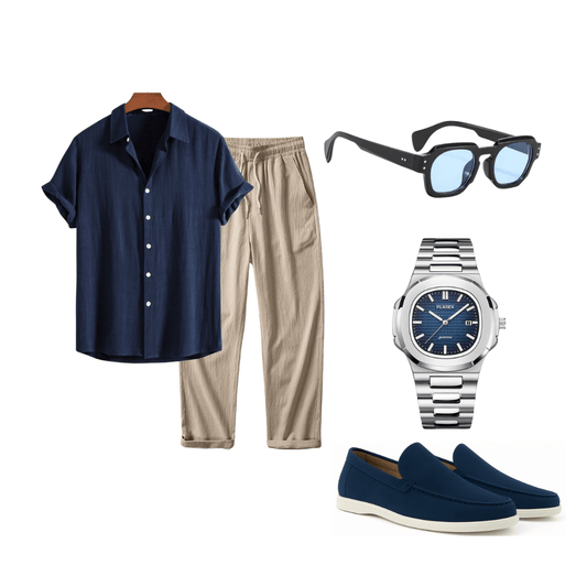 Men's fashion set with navy shirt, beige pants, sunglasses, watch, and loafers on a white background.