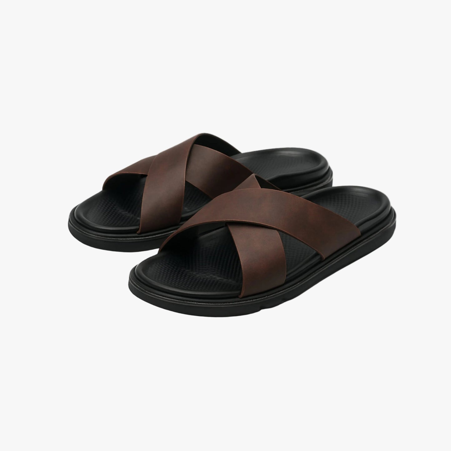 Men's brown NAXOS cross-strap sandal featuring a sleek minimalist design and contoured EVA footbed.