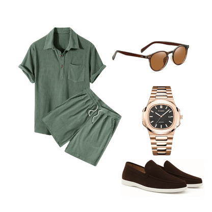 Men's green outfit with sunglasses, watch, and loafers on a white background