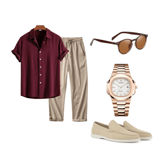 Collage of men's clothing and accessories including a shirt, pants, sunglasses, watch, and loafers on a white background.