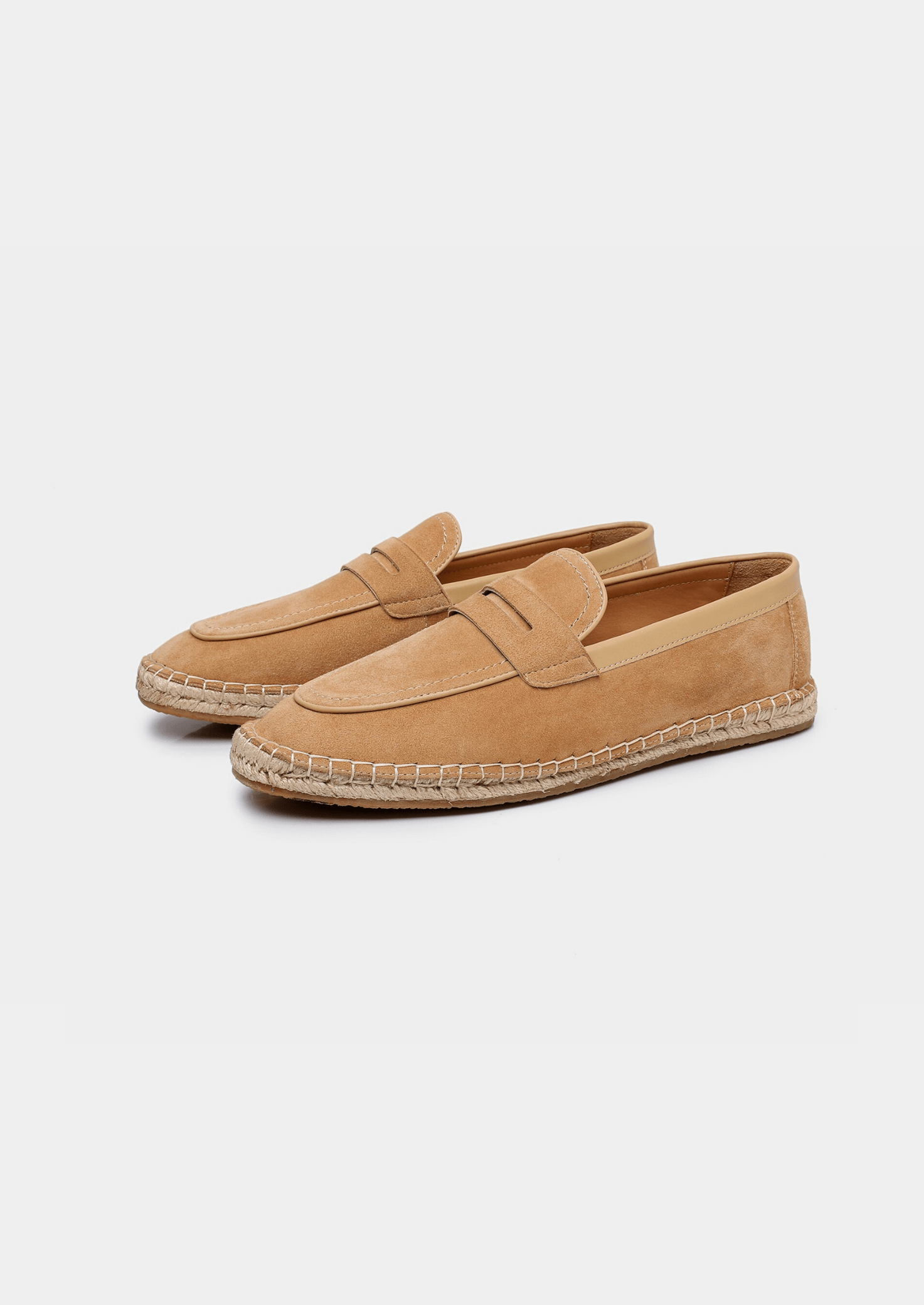 tan sheep suede Seaside Espadrilles on a white background, highlighting the hybrid design that combines a classic loafer upper with a summer espadrille base.