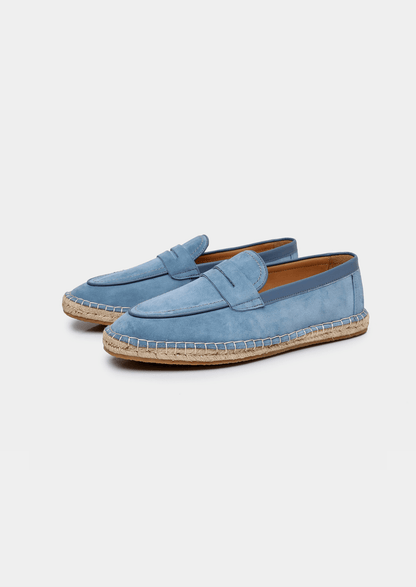 Blue suede Seaside Espadrille featuring a leather-trimmed collar and a traditional braided jute midsole with a thin rubber outer sole.