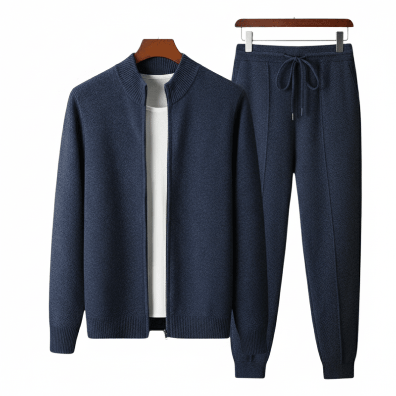 Men's navy blue 100% merino wool matching loungewear set featuring a full-zip ribbed collar cardigan and pintuck drawstring joggers.