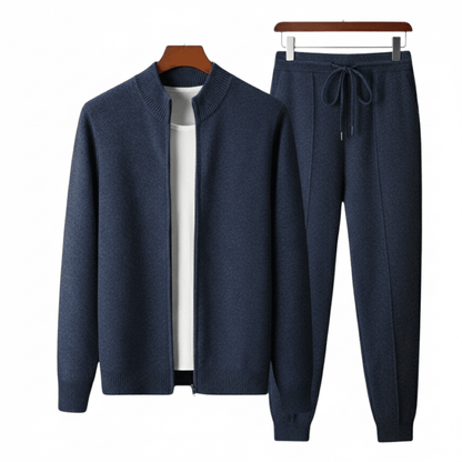 Men's navy blue 100% merino wool matching loungewear set featuring a full-zip ribbed collar cardigan and pintuck drawstring joggers.