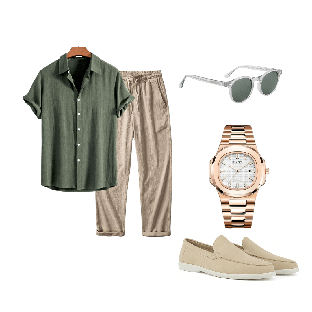 Men's fashion set with green shirt, beige pants, sunglasses, watch, and loafers on a white background.