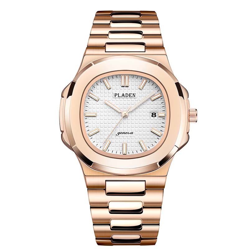 Rose gold watch with a white face on a white background