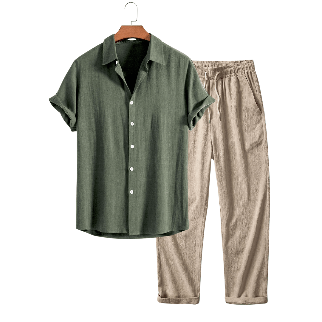 Green shirt and beige pants on a white background