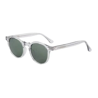 Clear frame sunglasses with dark lenses on a white background