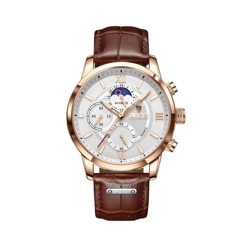 Luxury watch with brown leather strap and rose gold casing on white background