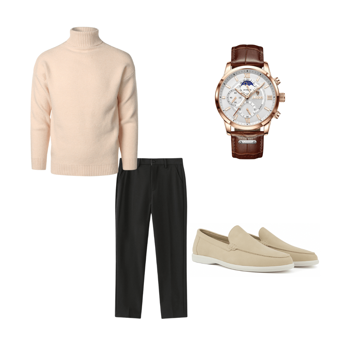 Collage of a beige turtleneck, black pants, brown watch, and beige loafers on a white background.