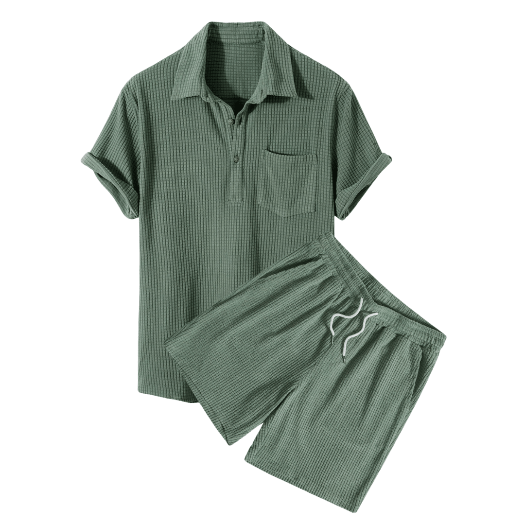 Green checkered shirt and shorts set on a white background