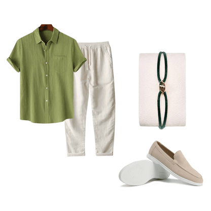 Collage of clothing and accessories including a green shirt, white pants, loafer shoes, and a bracelet on a white background.
