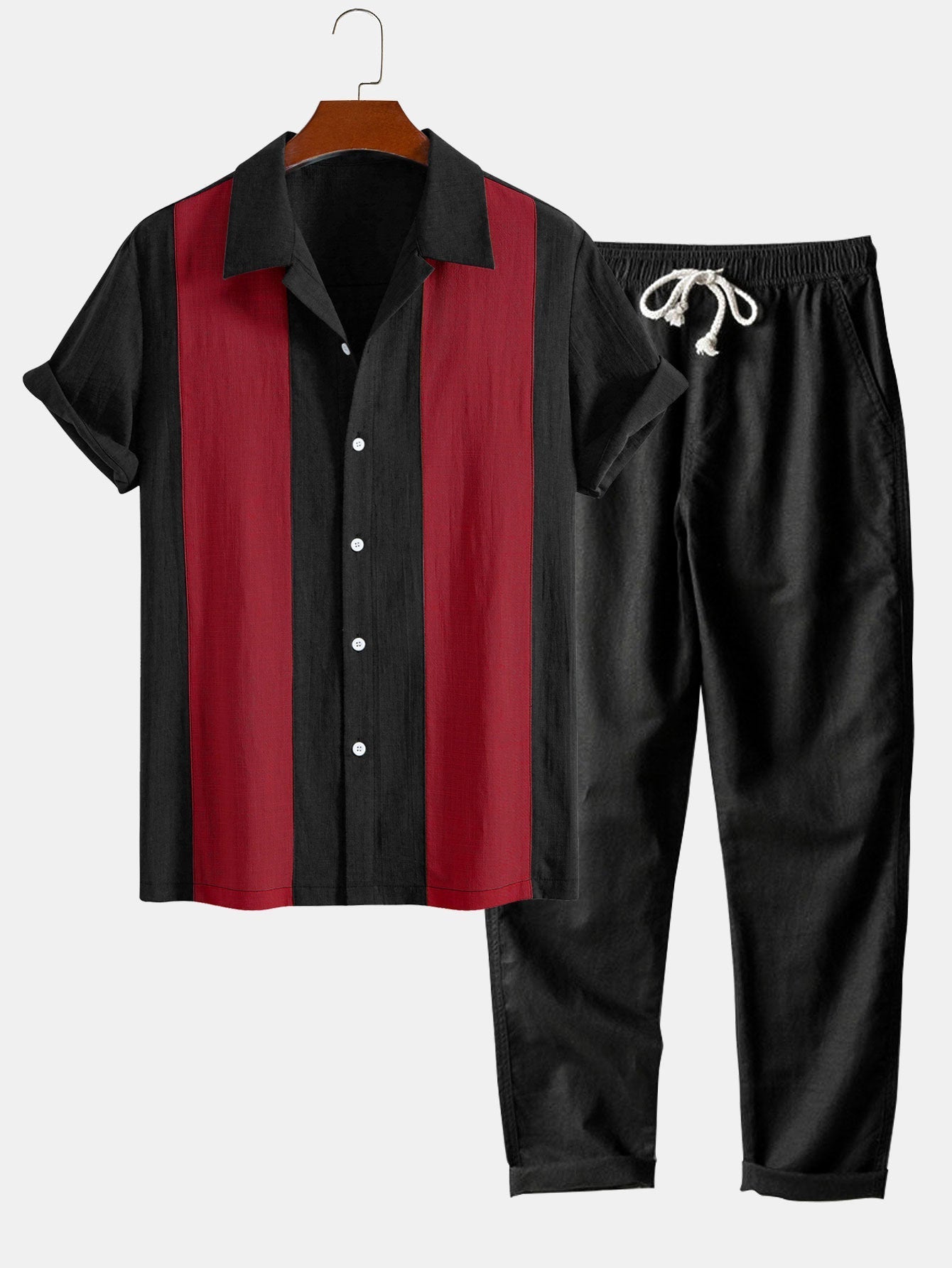 Black and red striped shirt with matching pants on a hanger against a white background