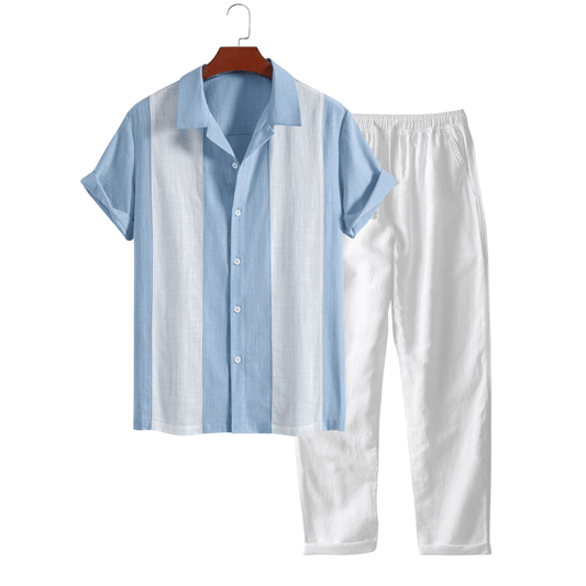 Blue and white striped shirt and pants set on a hanger against a white background