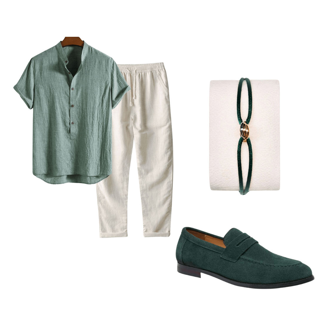 Collage of clothing and accessories including a shirt, pants, loafer, bracelet, and set on a white background.